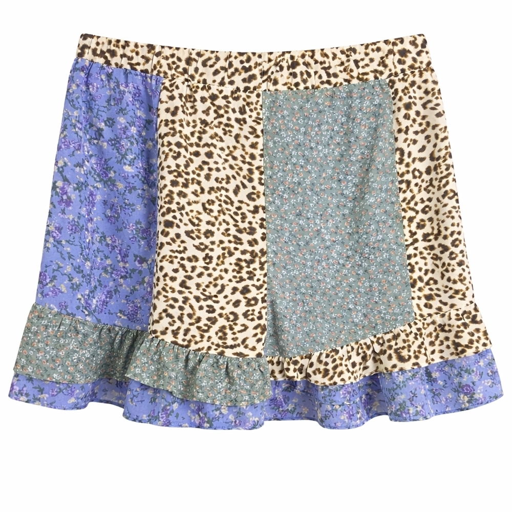 Umgee Floral Animal Print Ruffle Patchwork Shorts Sz Large New